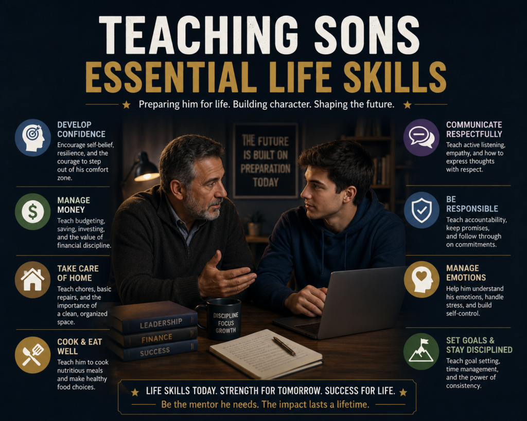 image of a father teaching his college age son, teaching sons life skills for life.